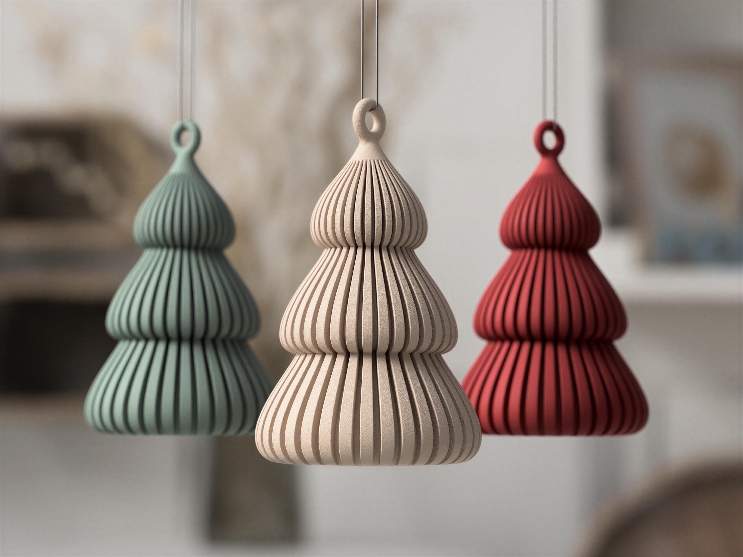 Japandi Christmas Ornament - Modern Ribbed Tree Decor, Neutral Matte Finish, Minimalist Holiday Hanging Decoration